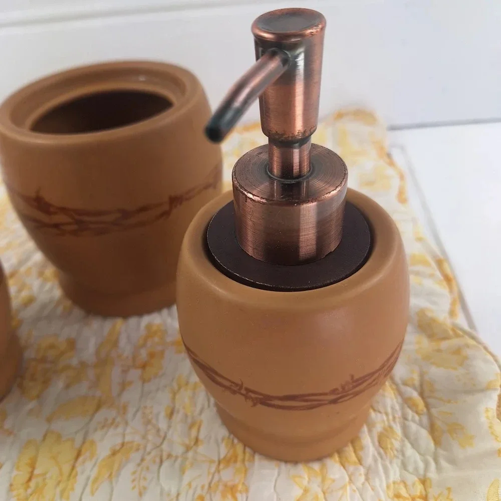 Country Living Barbwire Bath Set Rinse Cup Cotton/QTip Container Soap Pump Brown